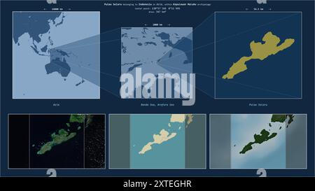 Pulau Selaru nel Mare di banda - appartenente all'Indonesia. Schema della posizione descritto con la forma gialla dell'isola e mappe campione dei dintorni Foto Stock