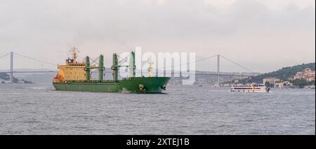 La nave da carico naviga attraverso lo stretto del Bosforo, passando per la storica Istanbul Foto Stock