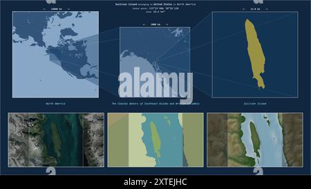 Sullivan Island nelle acque costiere dell'Alaska sud-orientale e della Columbia Britannica - appartenente agli Stati Uniti. Schema di posizionamento descritto con giallo Foto Stock