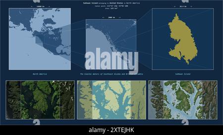 Sukkwan Island nelle acque costiere dell'Alaska sudorientale e della Columbia Britannica - appartenente agli Stati Uniti. Schema di posizionamento descritto con giallo Foto Stock