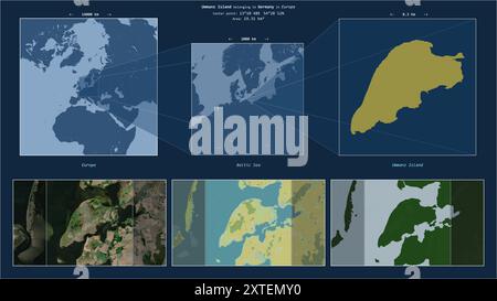 Isola Ummanz nel Mar Baltico - appartenente alla Germania. Schema della posizione descritto con la forma gialla dell'isola e mappe campione dei dintorni Foto Stock