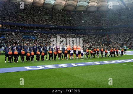 Varsavia, Polonia. 14 agosto 2024. Schieramento delle squadre durante la partita di Supercoppa UEFA 2024 tra Real Madrid e Atalanta - Supercoppa UEFA 2024 allo Stadio Nazionale - Sport, calcio - Varsavia, Polonia - mercoledì 14 agosto 2024 (foto di massimo Paolone/LaPresse) credito: LaPresse/Alamy Live News Foto Stock