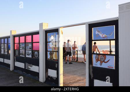 Art on the Pier, un'innovativa galleria all'aperto creata da Creative Waves on Worthing Pier, un'attrazione culturale molto amata, nel West Sussex, Regno Unito. Foto Stock