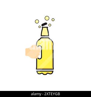 Bottiglia di birra con icona del vettore delle bolle. Icona della bottiglia di birra in plastica. Una bottiglia con una maniglia. L'ergonomia ha ispirato il logo. Una mano che tiene in mano una bottiglia di A. Illustrazione Vettoriale