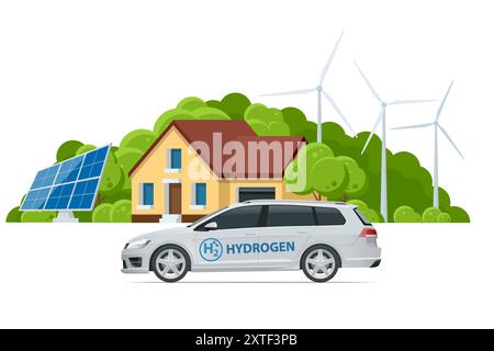 Auto a energia di idrogeno isometrico. Energia alternativa ed emissioni zero. Trasporto alimentato a idrogeno. Energia verde Illustrazione Vettoriale