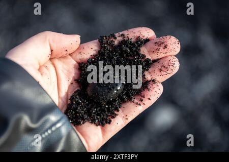 Mano di donna che tiene sabbia nera e pietra basaltica della spiaggia di sabbia nera di Reynisfjara, Islanda Foto Stock