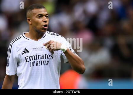 Varsavia, Polonia. 14 agosto 2024. Kylian Mbappe del Real Madrid CF gesti durante la partita di calcio della Supercoppa UEFA 2024 tra il Real Madrid CF e l'Atalanta BC. Crediti: Nicolò campo/Alamy Live News Foto Stock