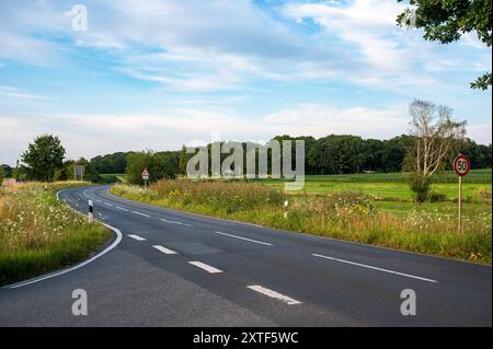 Strada asfaltata con intersezione nella campagna tedesca intorno a Kirchseelte, bassa Sassonia, Germania Foto Stock