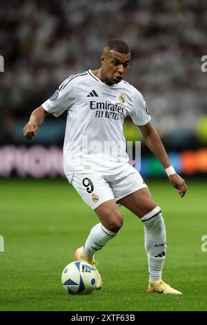 Varsavia, Polonia. 14 agosto 2024. Kylian Mbappe del Real Madrid durante la partita di Supercoppa UEFA 2024 tra Real Madrid e Atalanta - Supercoppa UEFA 2024 allo Stadio Nazionale - Sport, calcio - Varsavia, Polonia - mercoledì 14 agosto 2024 (foto di massimo Paolone/LaPresse) credito: LaPresse/Alamy Live News Foto Stock