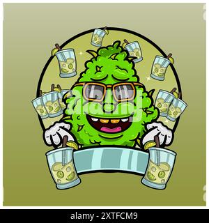 Cartoon di erba con sapore Mojito. Progettazione di piante infestanti per logo, etichette e prodotti di imballaggio. Vettore e illustrazione. Illustrazione Vettoriale