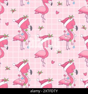 Motivo senza cuciture con simpatico fenicottero natalizio in cappello Babbo Natale con ghirlanda festosa su sfondo rosa a scacchi. Cartoni animati natalizi per uccelli kawaii Illustrazione Vettoriale