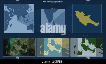 Velanai Island nella Baia del Bengala - appartenente allo Sri Lanka. Schema di posizione descritto con la forma gialla dell'isola e mappe campione del suo surrou Foto Stock