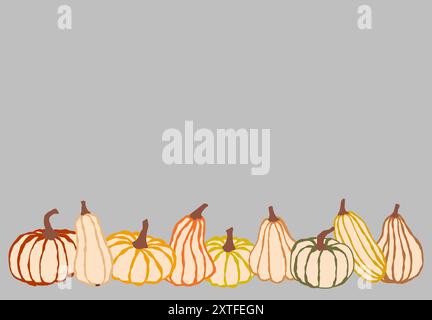 Una linea colorata di zucche decorative su uno sfondo neutro Illustrazione Vettoriale