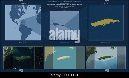 Isla de Vieques nel Mar dei Caraibi - appartenente a Porto Rico. Schema di posizione descritto con la forma gialla dell'isola e mappe campione del suo sur Foto Stock