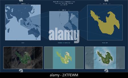 Pulau Weh nel Mare delle Andamane o Birmania - appartenente all'Indonesia. Schema di posizione descritto con la forma gialla dell'isola e mappe campione del suo surr Foto Stock