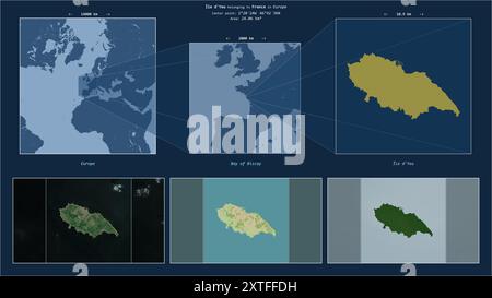 Ile d'Yeu nel Golfo di Biscaglia - appartenente alla Francia. Schema della posizione descritto con la forma gialla dell'isola e mappe campione dei dintorni Foto Stock