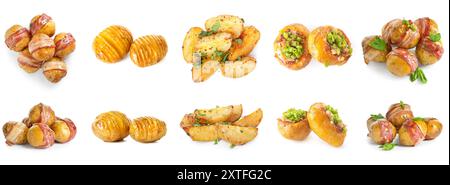 Set di deliziose patate al forno su sfondo bianco Foto Stock