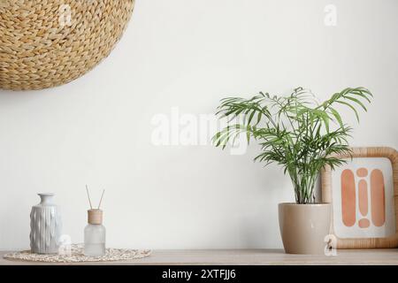 Diffusore di aromi, vaso, struttura e pianta d'casa sul cassettiere del soggiorno Foto Stock