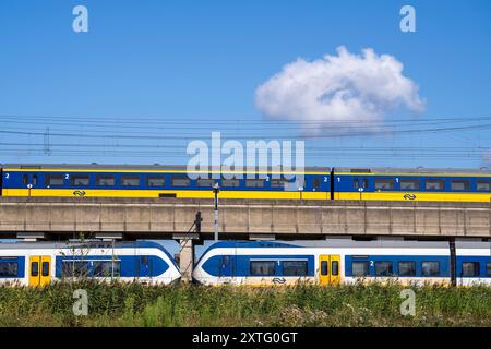 Treni della Dutch Railways, NS, Nederlandse Spoorwegen N.V., su binario a due piani, sotto il treno locale Sprinter Light Train, sopra Intercity Direc Foto Stock