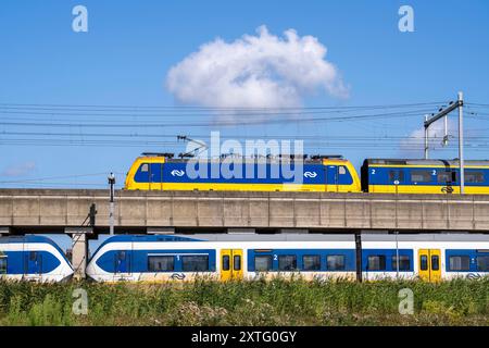 Treni della Dutch Railways, NS, Nederlandse Spoorwegen N.V., su binario a due piani, sotto il treno locale Sprinter Light Train, sopra Intercity Direc Foto Stock