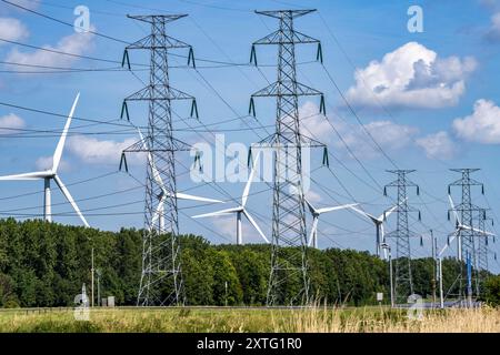 Linea elettrica ad alta tensione, con un parco eolico alle sue spalle, nella zona portuale di Vlissingen-Oost, Paesi Bassi, Foto Stock