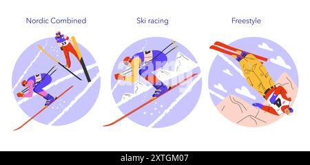 Set per sport invernali. Scene dinamiche di Nordic Combined, Ski Racing e Freestyle sulle piste innevate. Agilità e precisione degli atleti catturate in modo vivido in azione. Illustrazione vettoriale. Illustrazione Vettoriale