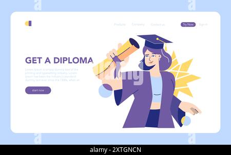 Concetto di formazione online. Un laureato con un diploma celebra il successo accademico in una landing page. Obiettivi di apprendimento e temi di laurea digitale. Illustrazione vettoriale. Illustrazione Vettoriale