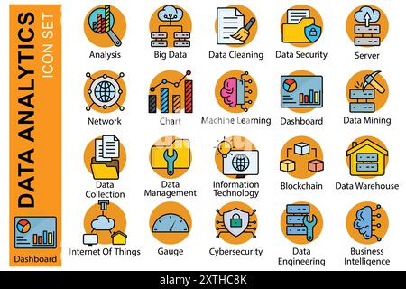 Set di icone business. icona relativa all'avvio aziendale. analisi, dashboard, rete. stile icona contorno colorato. illustrazione vettoriale dell'elemento aziendale Illustrazione Vettoriale