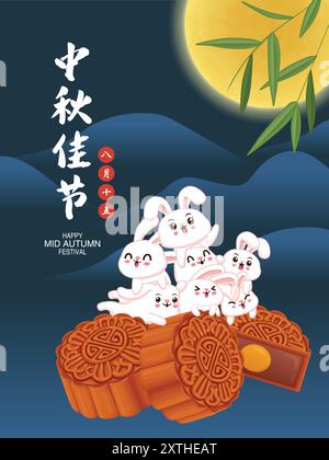 Poster vintage per il Mid Autumn Festival con il personaggio di una lanterna per torta di coniglio. Traduzione: Happy Mid Autumn Festival, 15 agosto. Illustrazione Vettoriale