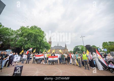 L'Aia, Paesi Bassi. 14 agosto 2024. I manifestanti tengono bandiere e bandiere durante la manifestazione "11 anni di vergogna”. Il 14 agosto 2013, la polizia egiziana e, in misura minore, l'esercito hanno usato la forza letale per "disperdere" due campi di manifestanti pacifici a Cario: Erano oppositori del colpo di Stato militare in piazza Rabaa al-Adwija e in piazza al-Nahda. Più di 900 persone sono state uccise quel giorno, e da allora più di 100.000 persone sono state imprigionate e centinaia di altre sono scomparse. Credito: SOPA Images Limited/Alamy Live News Foto Stock