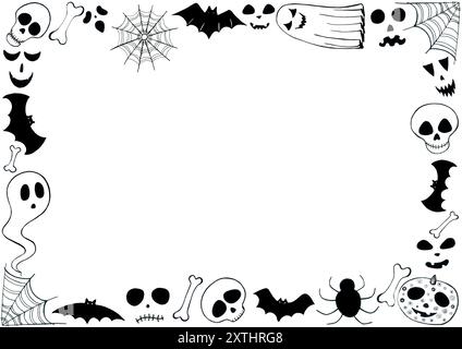 Cornice di vari elementi di Halloween. Fantasmi, teschi, ossa, facce spaventose, pipistrelli, ragni, ragnatele, zucca. Contorno nero o riempimento. Doodle. Copia bianca sp Foto Stock