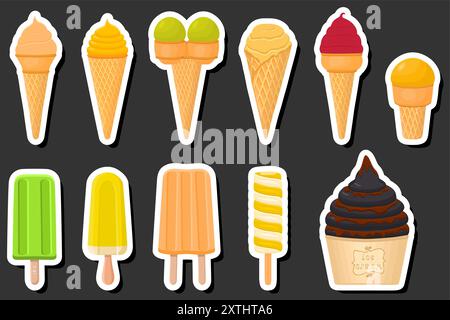 Illustrazione del grande kit a tema di gelateria con ghiaccioli diversi tipi di tazza per waffle a cono, gelato con gustoso ghiacciolo su tazza per waffle a cono, popsic Illustrazione Vettoriale