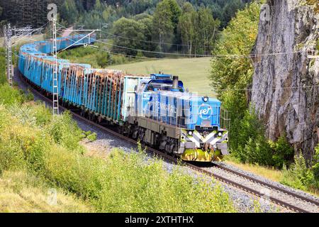 Locomotiva Fenniarail Classe Dr18 No. 104 che porta al mulino un lungo treno merci con vagoni pieni di legno di pasta. Salo, Finlandia. 10 agosto 2024. Foto Stock