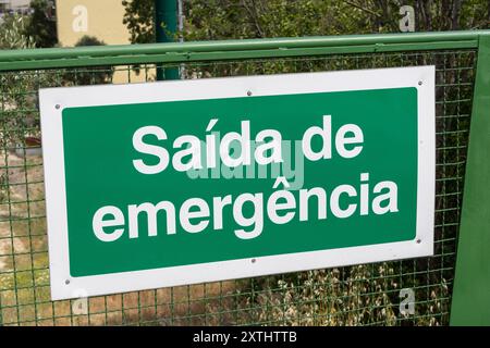 Segnale verde di uscita di emergenza che informa le persone su come evacuare in caso di pericolo, fornendo istruzioni di sicurezza cruciali Foto Stock