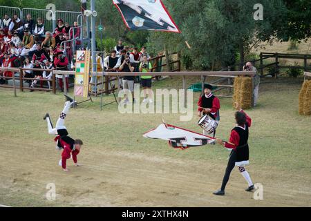 Concorso di sbandieratura durante il torneo di giostre al festival medievale Giostra di Simone, Montisi, Montalcino, provincia di Siena, italia Foto Stock