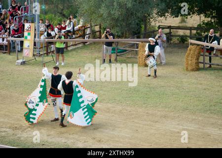 Concorso di sbandieratura durante il torneo di giostre al festival medievale Giostra di Simone, Montisi, Montalcino, provincia di Siena, italia Foto Stock