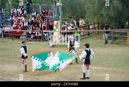 Concorso di sbandieratura durante il torneo di giostre al festival medievale Giostra di Simone, Montisi, Montalcino, provincia di Siena, italia Foto Stock