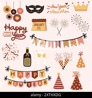 Set di elementi per la celebrazione del nuovo anno. Decorazioni per l'anno nuovo, striscioni, buntings, bicchieri da champagne, coriandoli, fuochi d'artificio, saluti, cappelli da festa e molto altro ancora. Illustrazione Vettoriale