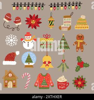 Set di spaghetti natalizi con luci natalizie, albero di Natale, casa di pan di zenzero, uomo di pan di zenzero, fiocco di neve, pupazzo di neve, brutto maglione e molto altro ancora. Illustrazione Vettoriale