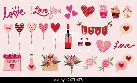 Set di elementi romantici per San Valentino. Bouquet di fiori, cupcake, calendario del 14 febbraio, palloncini cardiaci, doodles cardiaci, lettere d'amore, rose. Illustrazione Vettoriale