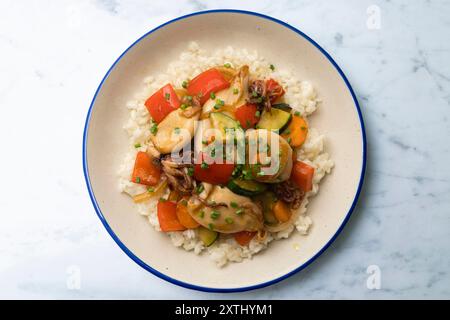 Wok-Fried Calmares con verdure su riso bianco. Foto Stock