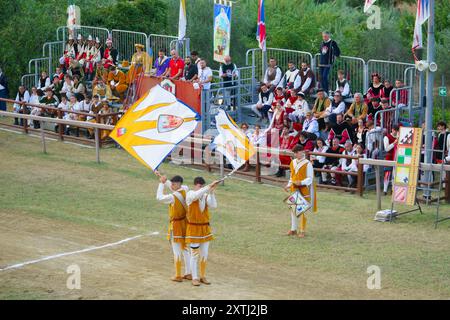 Concorso di sbandieratura durante il torneo di giostre al festival medievale Giostra di Simone, Montisi, Montalcino, provincia di Siena, italia Foto Stock