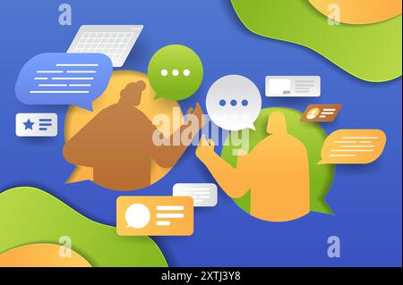 Due persone che comunicano tramite bolle vocali ed elementi digitali dai colori vivaci. Taglio in carta con silhouette e icone della chat Illustrazione Vettoriale