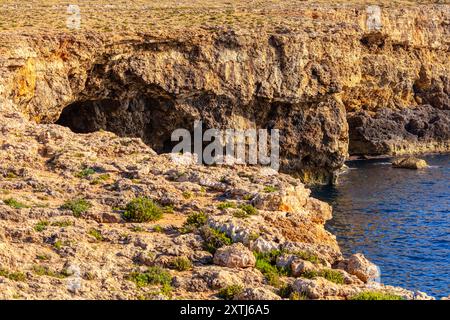 La scogliera Rocky si affaccia sull'oceano. Le rocce sono frastagliate e ruvide, e l'acqua è calma. La scena è tranquilla e serena, con il suono delle onde Foto Stock