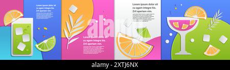 Bevande colorate, fette di agrumi, cubetti di ghiaccio in carta, bicchieri da cocktail vivaci con limone, lime, arancio, decorazioni astratte sullo sfondo. Banner Illustrazione Vettoriale