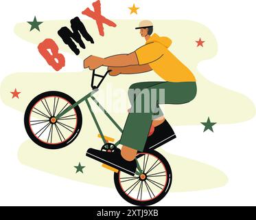 BMX Bicycle Sport Vector Illustration con un uomo che esegue acrobazie estreme, come saltare o stare in piedi, sullo sfondo di un cartone animato piatto Illustrazione Vettoriale