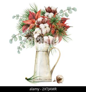 Cotone fiorito di Poinsettia, abete rosso, rami di eucalipto coni. Illustrazione ad acquerello disegnata a mano, bouquet di vaso isolato su bianco. Natale Foto Stock
