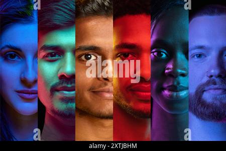 Collage di volti diversi in strisce verticali, ciascuna illuminata da luci colorate e audaci, che celebrano l'individualità. Foto Stock