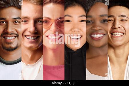 Gioioso collage di persone diverse e sorridenti, esecuzione di emozioni positive, evidenziazione della bellezza dell'unità e della comunità. Foto Stock