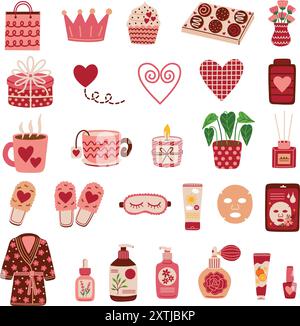 Set di elementi giornalieri per l'autoassistenza. Essenziale per il relax e la consapevolezza. Prodotti per la cura della pelle biologici e naturali. Illustrazioni vettoriali disegnate a mano. Illustrazione Vettoriale